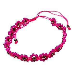 Boho Pink Flowers Beaded Adjustable Bracelet Gold Tone Accents Girls Jewelry